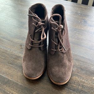 Toms Lunata Lace Up Ankle Boots Brown Suede Chunky Block Heeled Booties Size 7